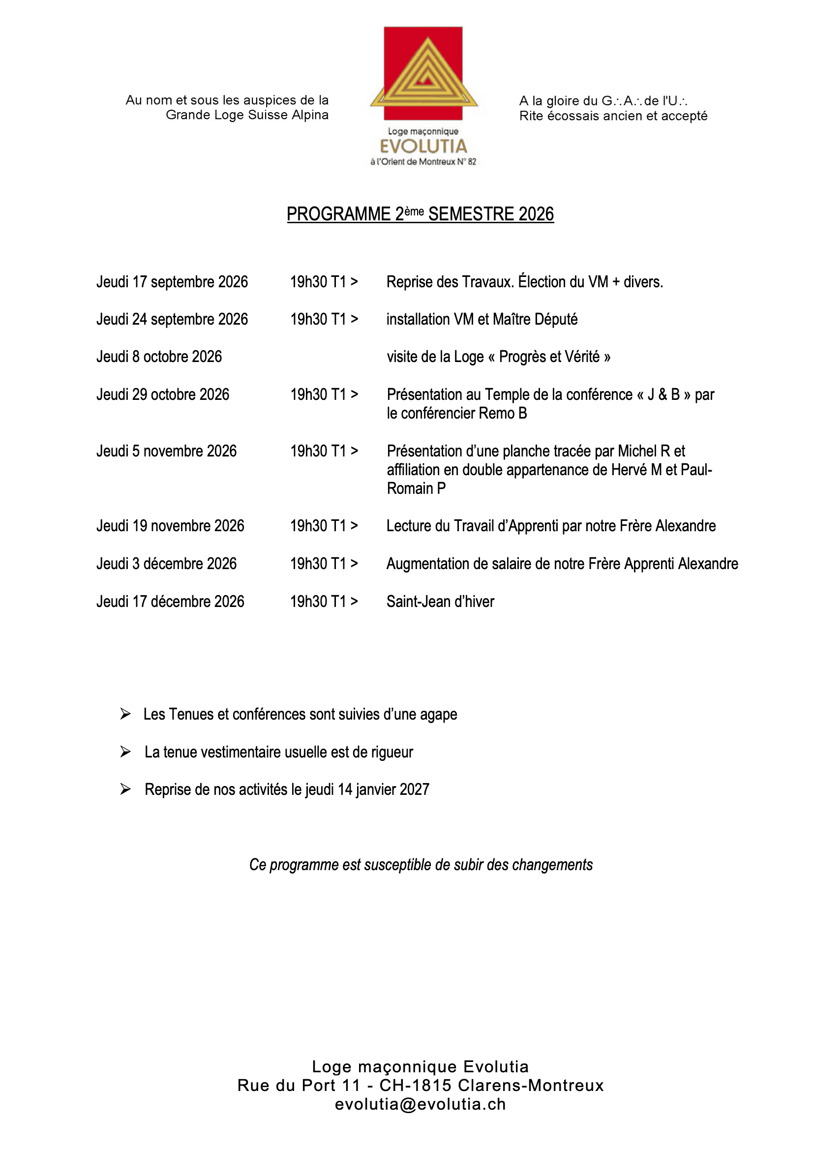 Programme 2e semestre 2026 – Loge Evolutia